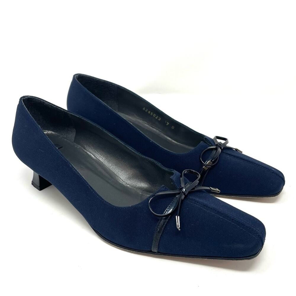Vintage Stuart Weitzman Navy Blue Square Toe Kitten Heels w Black Bows Women's 7